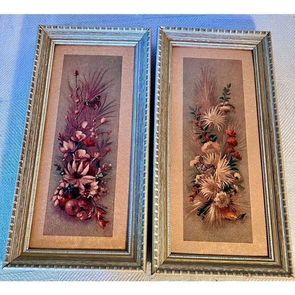 Set of 2 Vintage MCM Roberto Framed Butterfly Flower Botanical Prints Litho - Picture 2 of 15